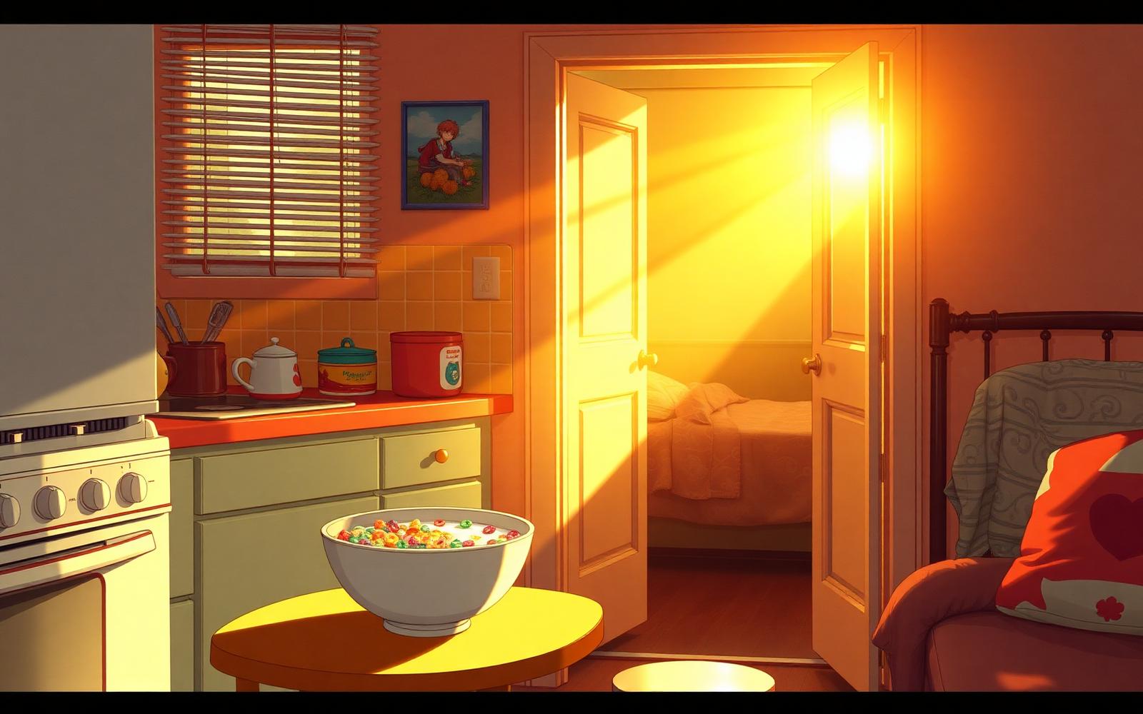 Bowl of cereal in a warm apartment kitchen beside a bedroom doorway