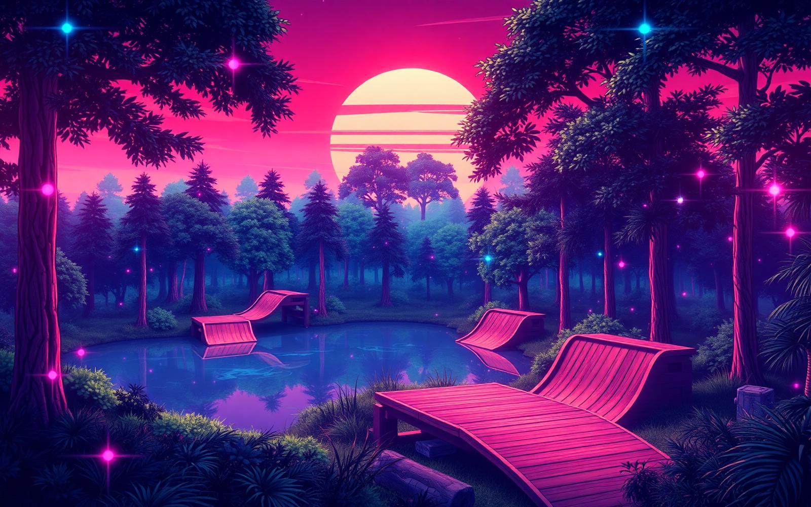 Glowing forest world with a still lake and wooden skate ramps